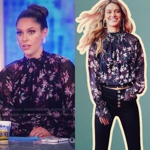 Ramy Brook ‘Keisha’ Black & Pink Floral Print Mock Neck Blouse Size XS